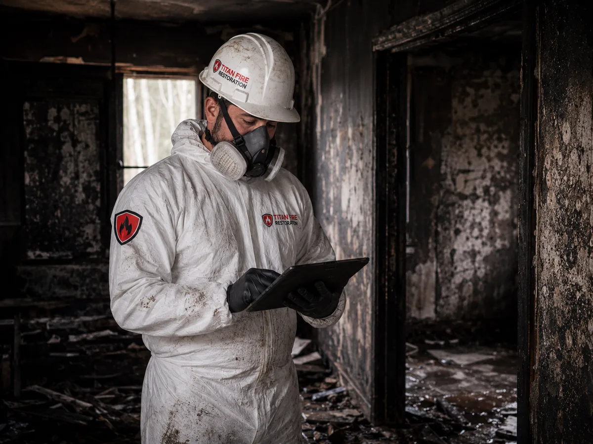 Titan Fire Restoration technician in protective gear assessing fire damage on a tablet