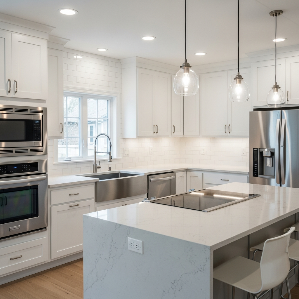 Fully restored modern residential kitchen after fire damage repair