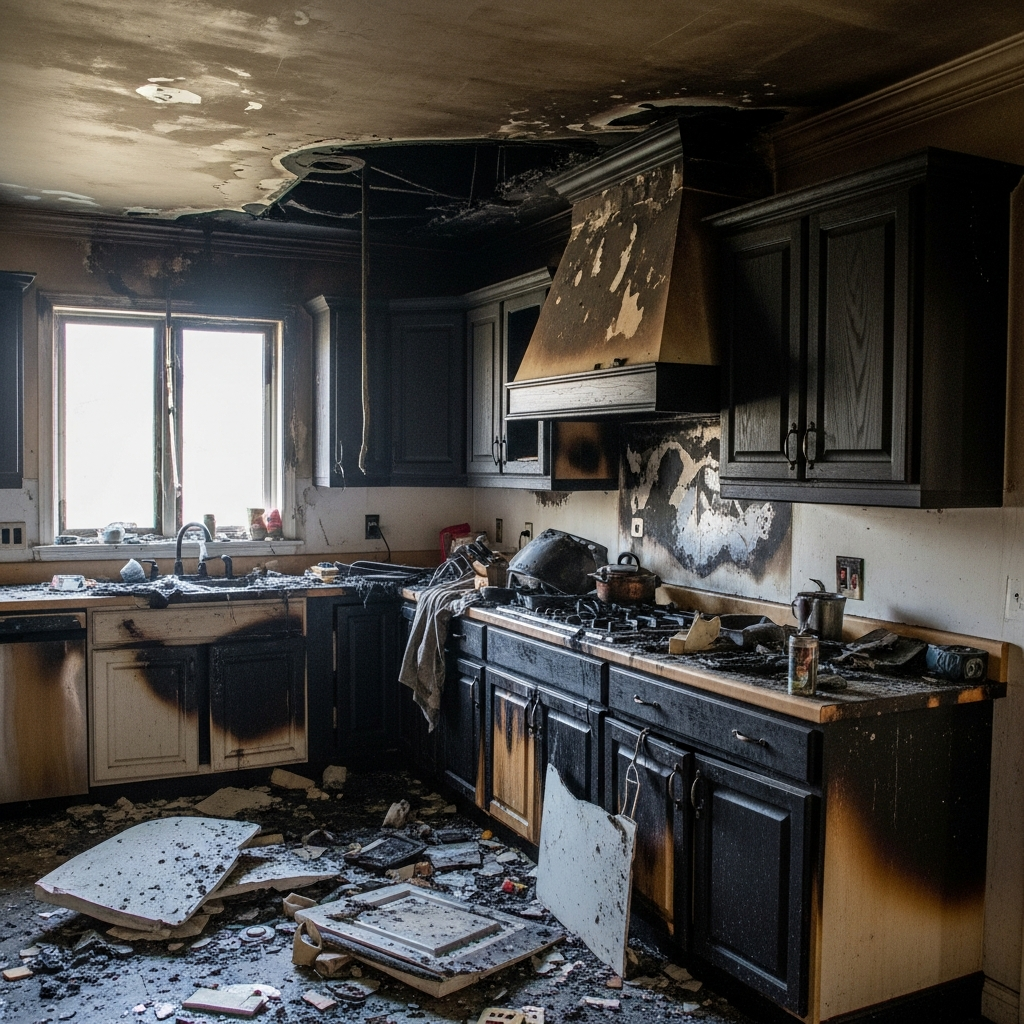 Residential kitchen with severe fire and soot damage before restoration