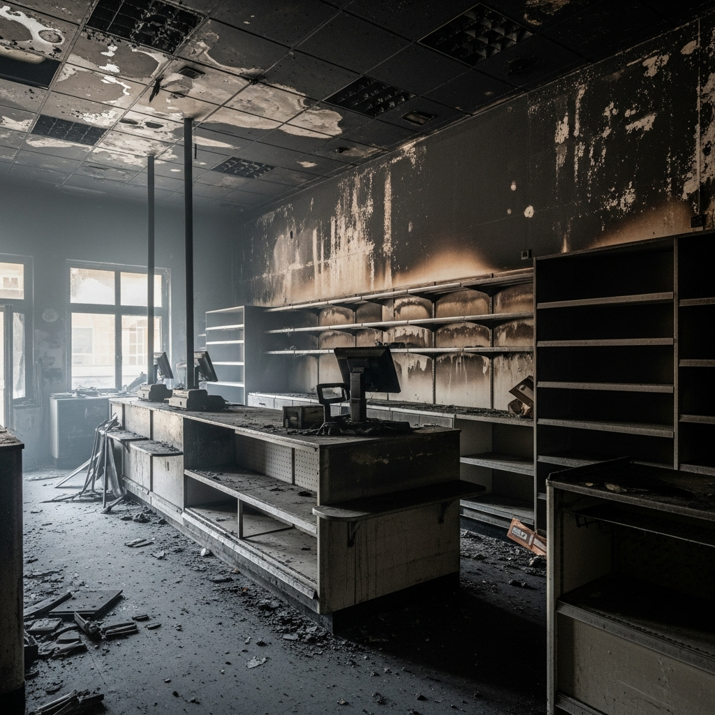 Commercial retail space with smoke and soot damage before restoration